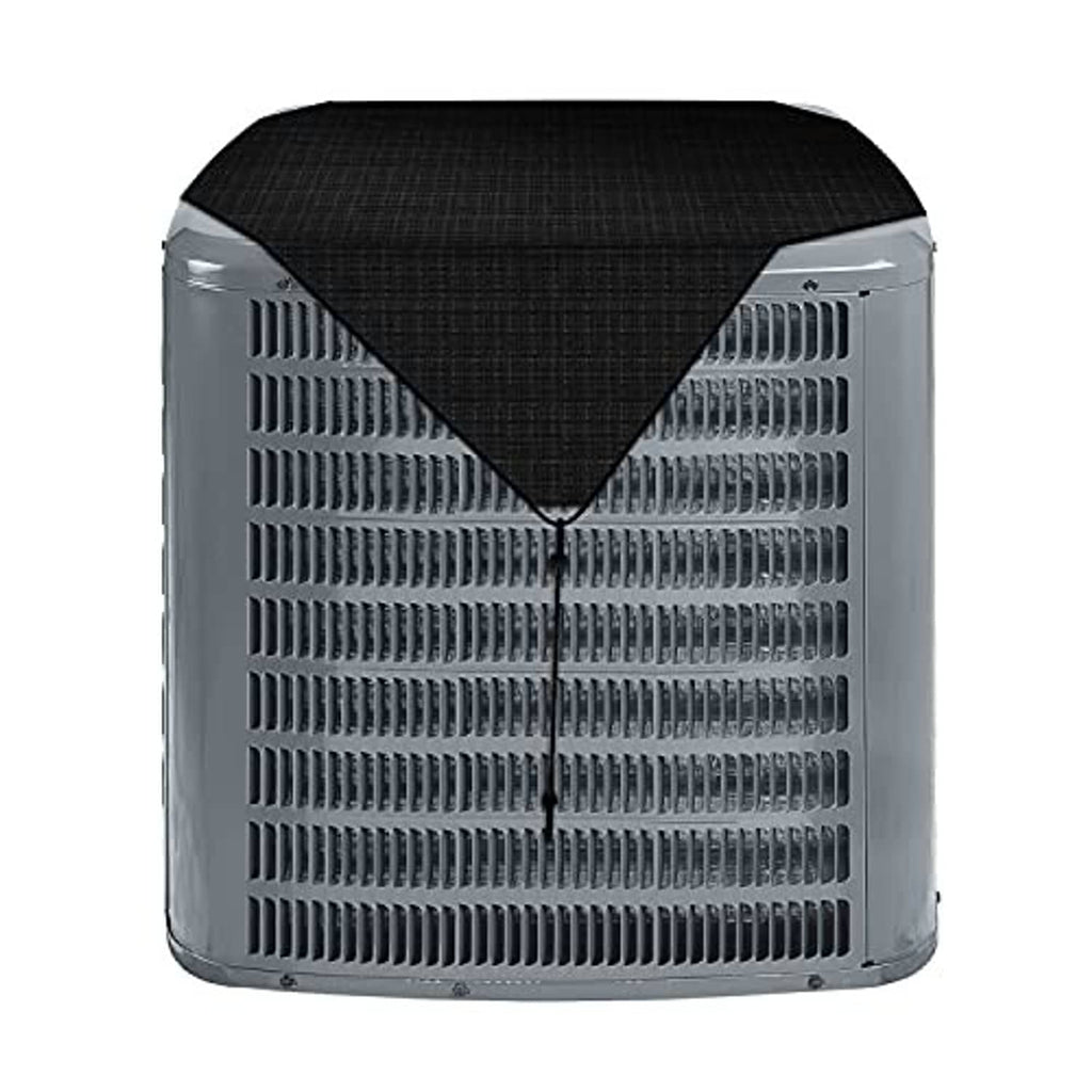Black AC unit cover fitted over a silver outdoor compressor with vented front grilles