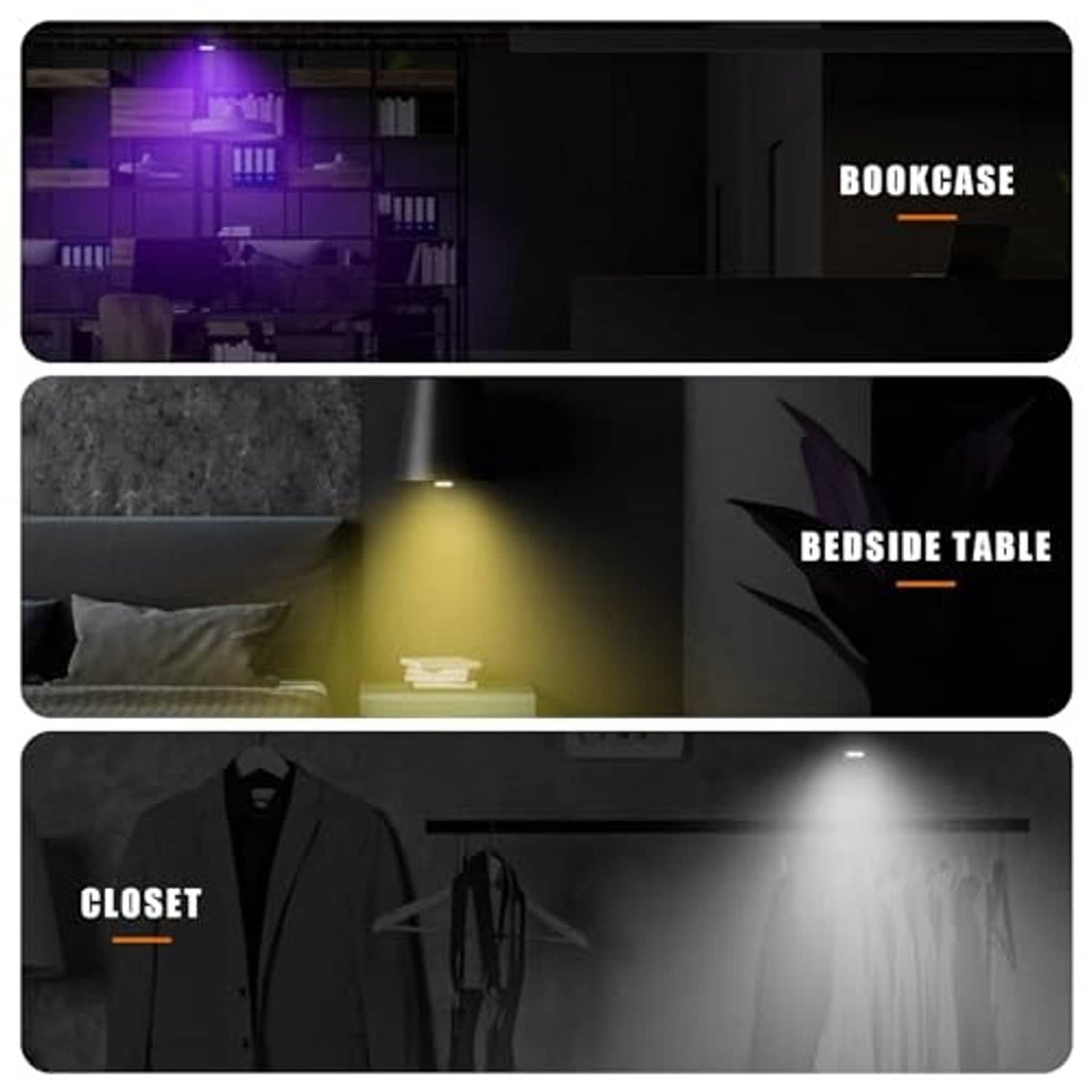 Wireless LED light effect examples with warm and white illumination in different areas.