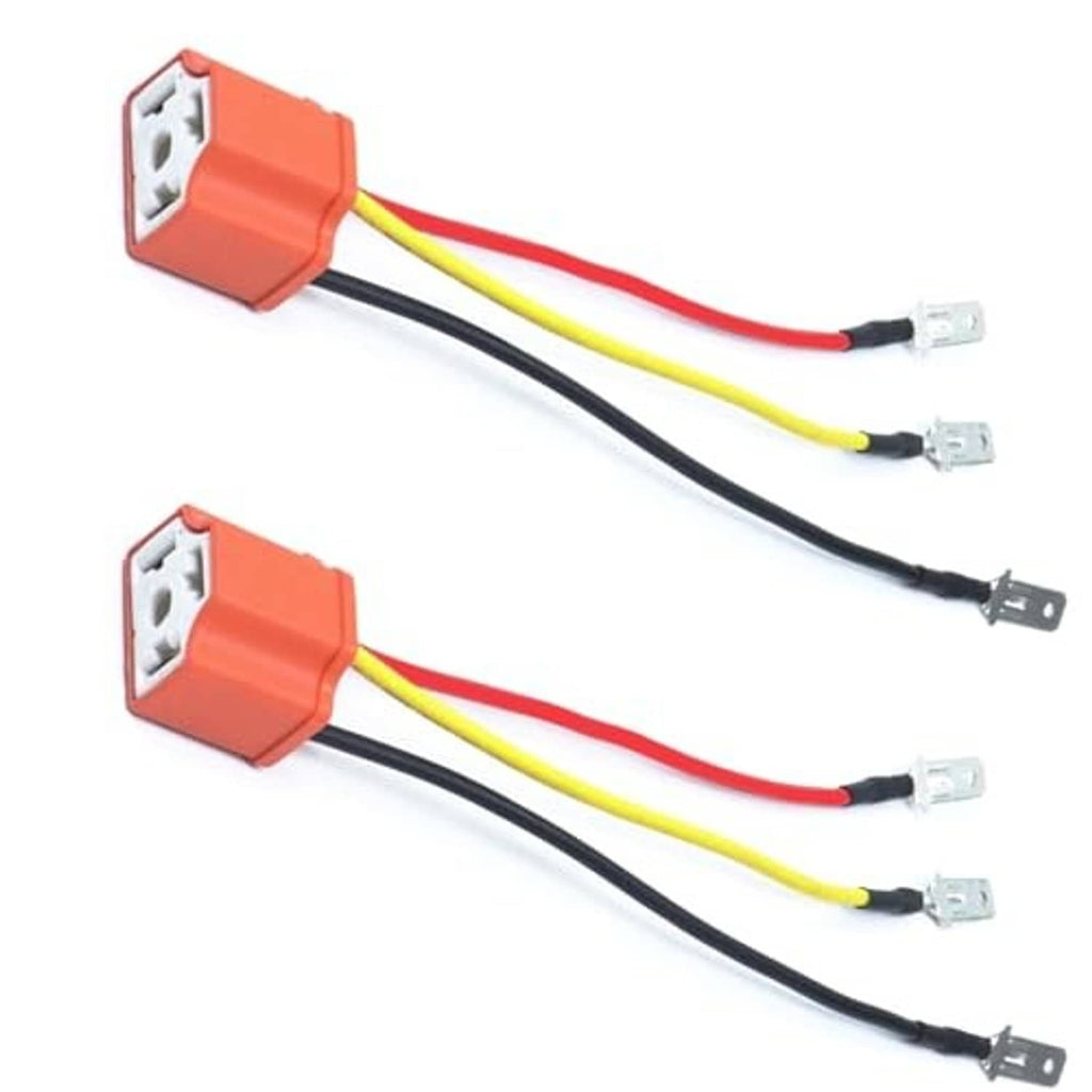 Dual H4 pigtail wiring harness with orange sockets and red, yellow, black wires