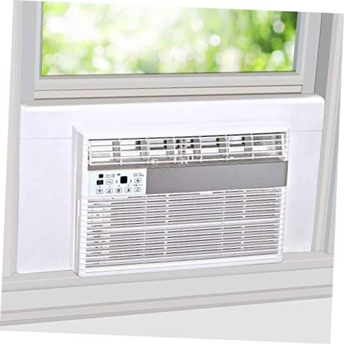White window AC insulation side panels and top flap surround the air conditioner in the sill