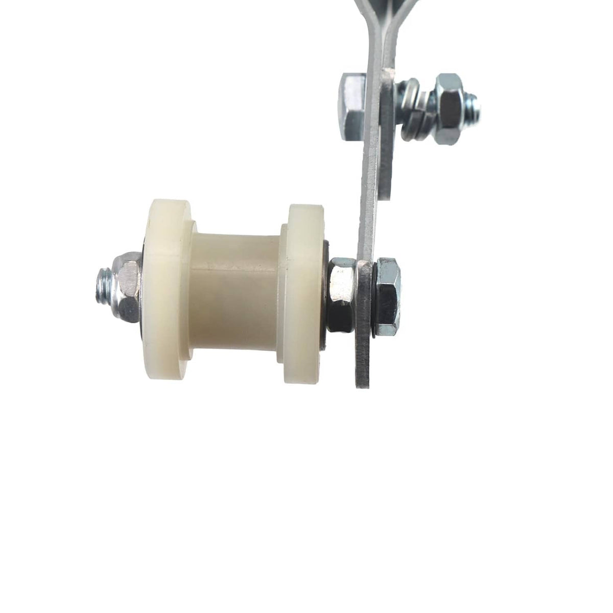 Chain tensioner assembly with white guide wheel and silver mounting bracket