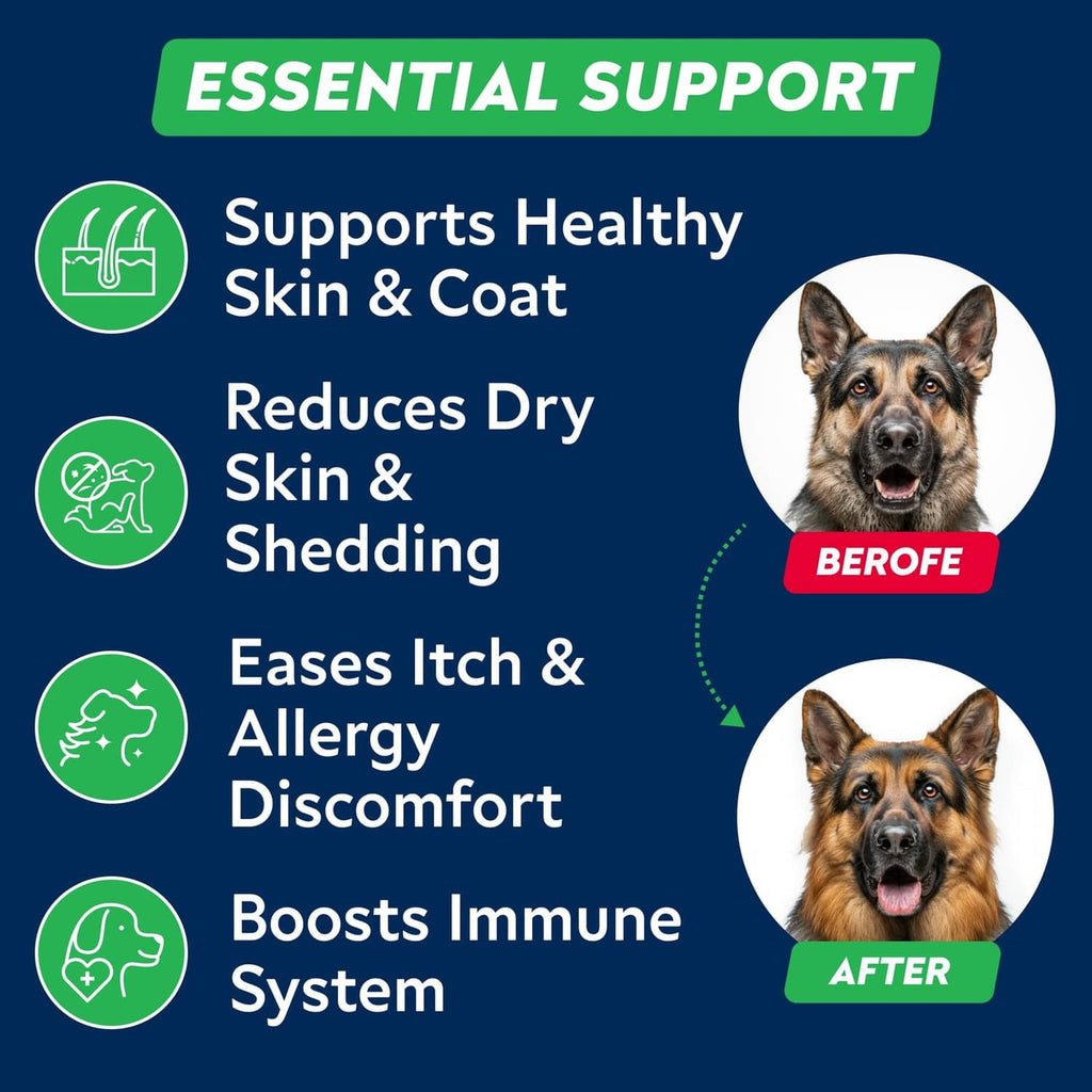 Essential support graphic for dog skin and coat, reduces dry shedding and eases itch