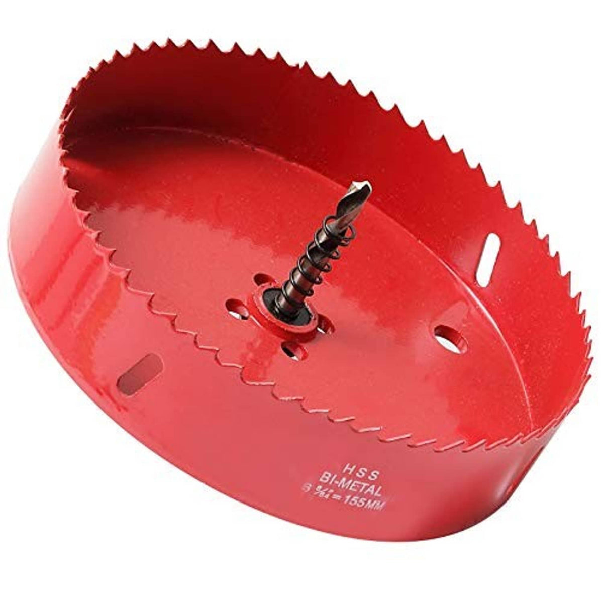 Red bi-metal hole saw with HSS teeth and central pilot bit.