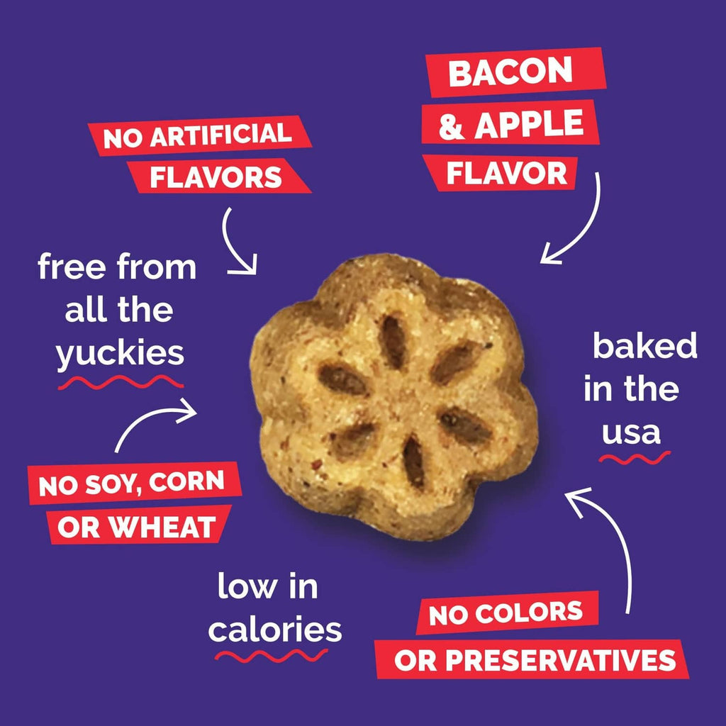 Fruitables Skinny minis baked dog treat graphic, Bacon & Apple flavor badge