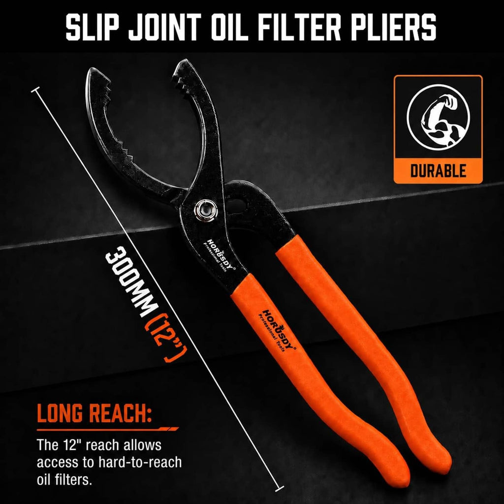Slip-joint oil filter pliers with curved black jaws and orange comfort handles.