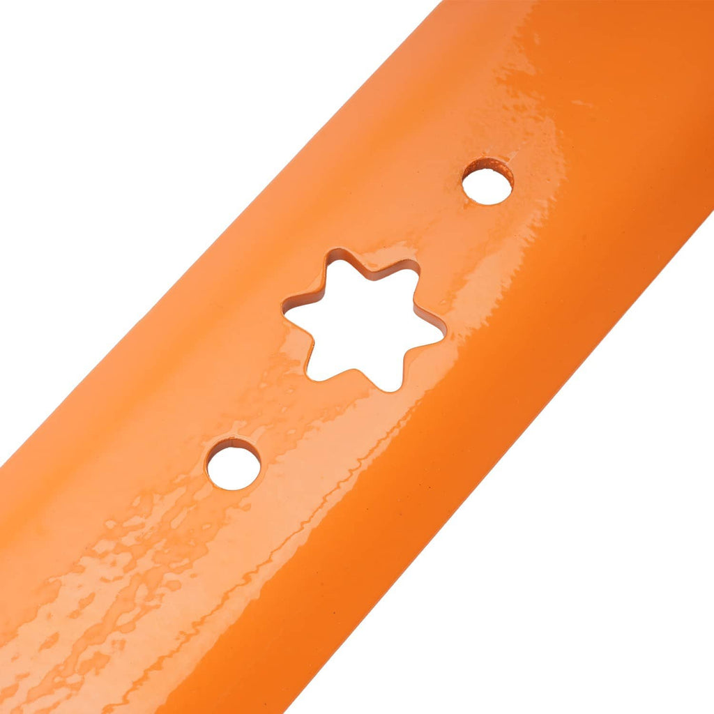 Orange 6-point star mower blade with mounting holes and curved cutting edge