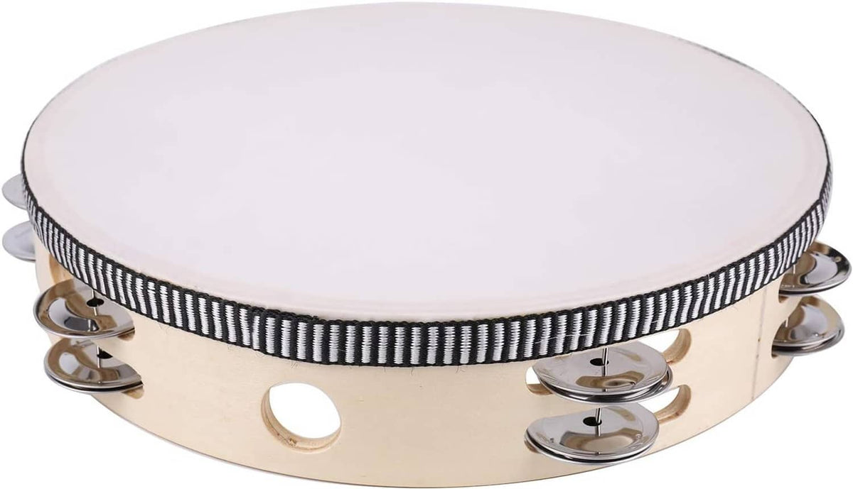 Beige tambourine with white drumhead, silver jingles, and black-and-white striped rim