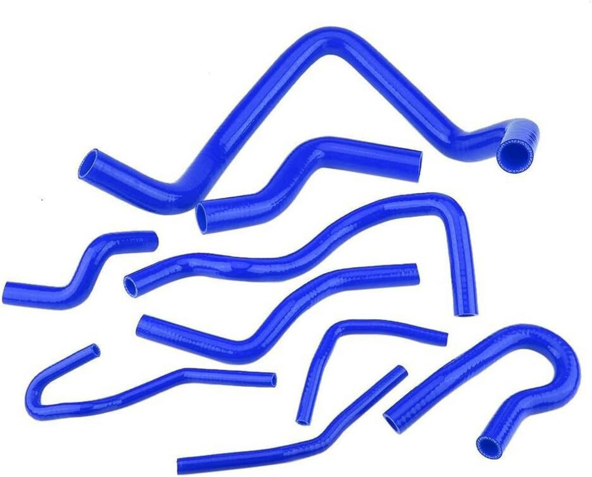Blue silicone radiator hose set with multiple curved hoses, various lengths and shapes.