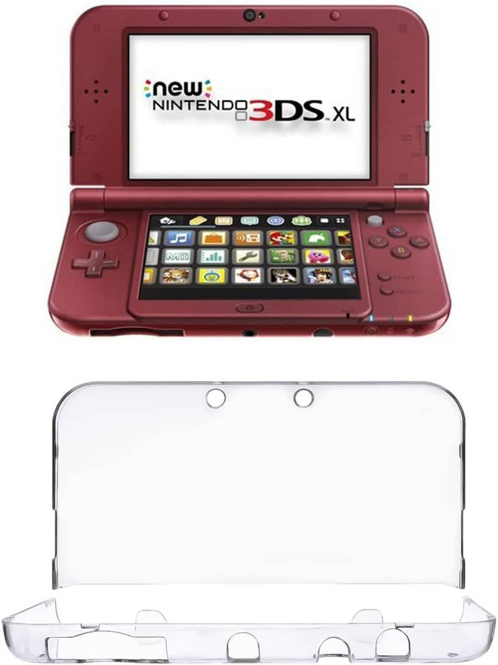 Transparent protective case for Nintendo 3DS XL on red handheld, front view