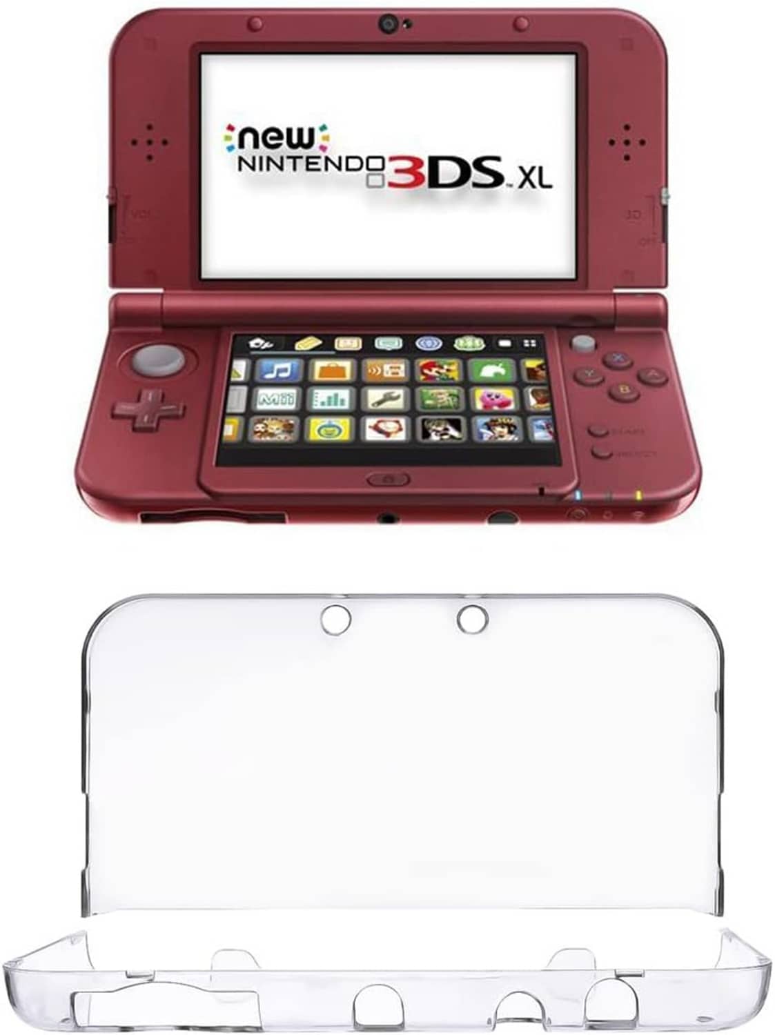 Transparent protective case for Nintendo 3DS XL on red handheld, front view