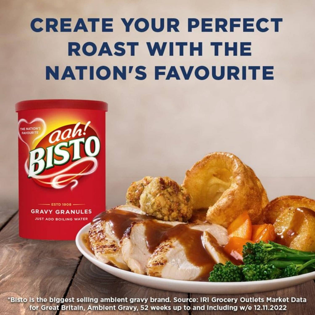 Bisto instant gravy granules red tub with roast food in bowl, create roast with boiling water