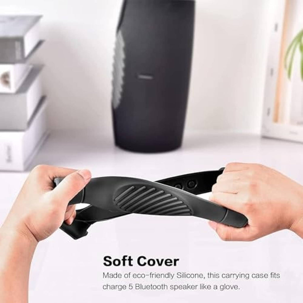 Black silicone speaker case cover with side grip cutouts, held for installation