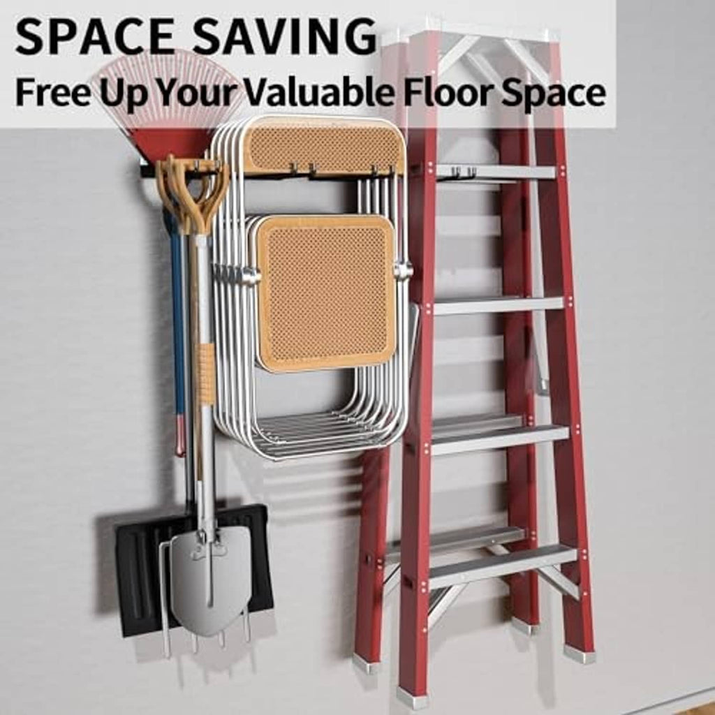 Space-saving black chair storage rack holding several folded chairs