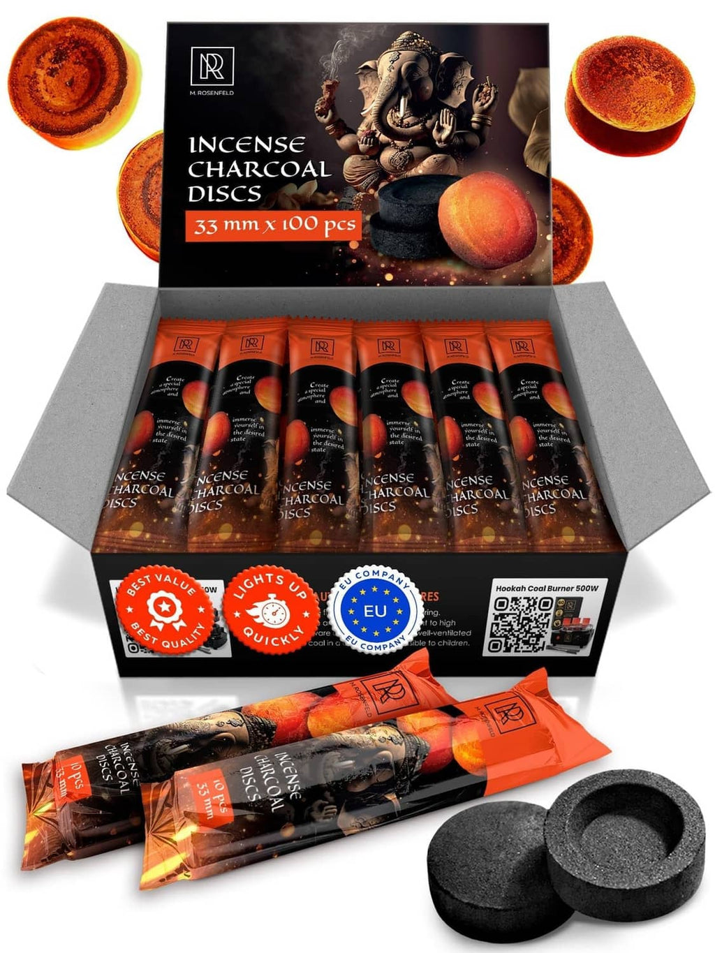Incense charcoal discs pack with dark circular coals and orange-burning disc