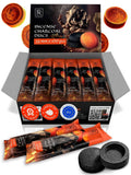 Incense charcoal discs pack with dark circular coals and orange-burning disc