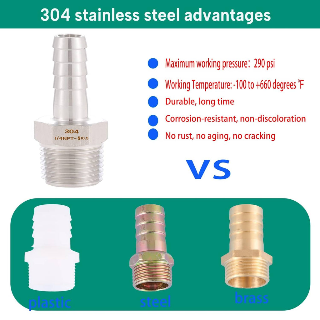 304 stainless steel hose barb to 1/4 male NPT fitting, shown in comparison graphic
