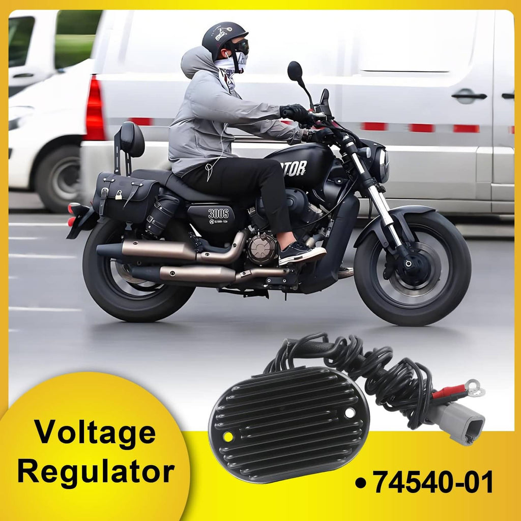 Black voltage regulator rectifier with wiring harness and gray connector inset
