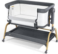 3-in-1 baby bassinet with gray fabric canopy, white mesh sides, rocking base wheels.