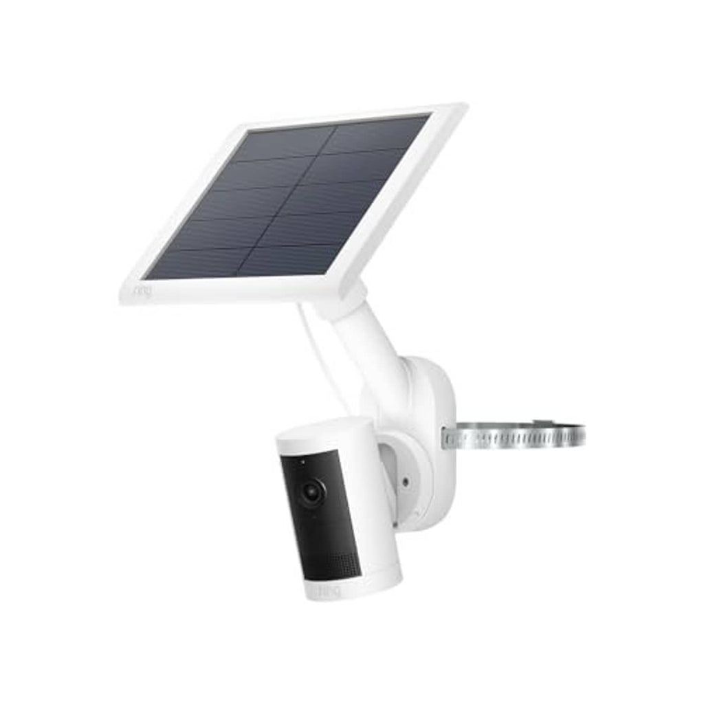 White outdoor camera mount with attached solar panel and rotating arm