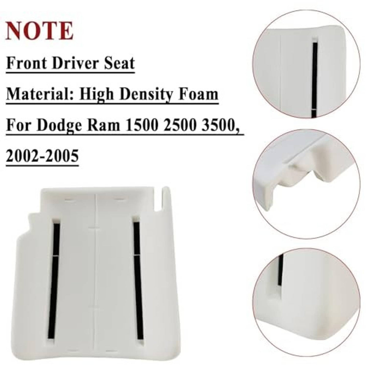 High-density foam seat pad for front driver seat, white/cream, with two slots.