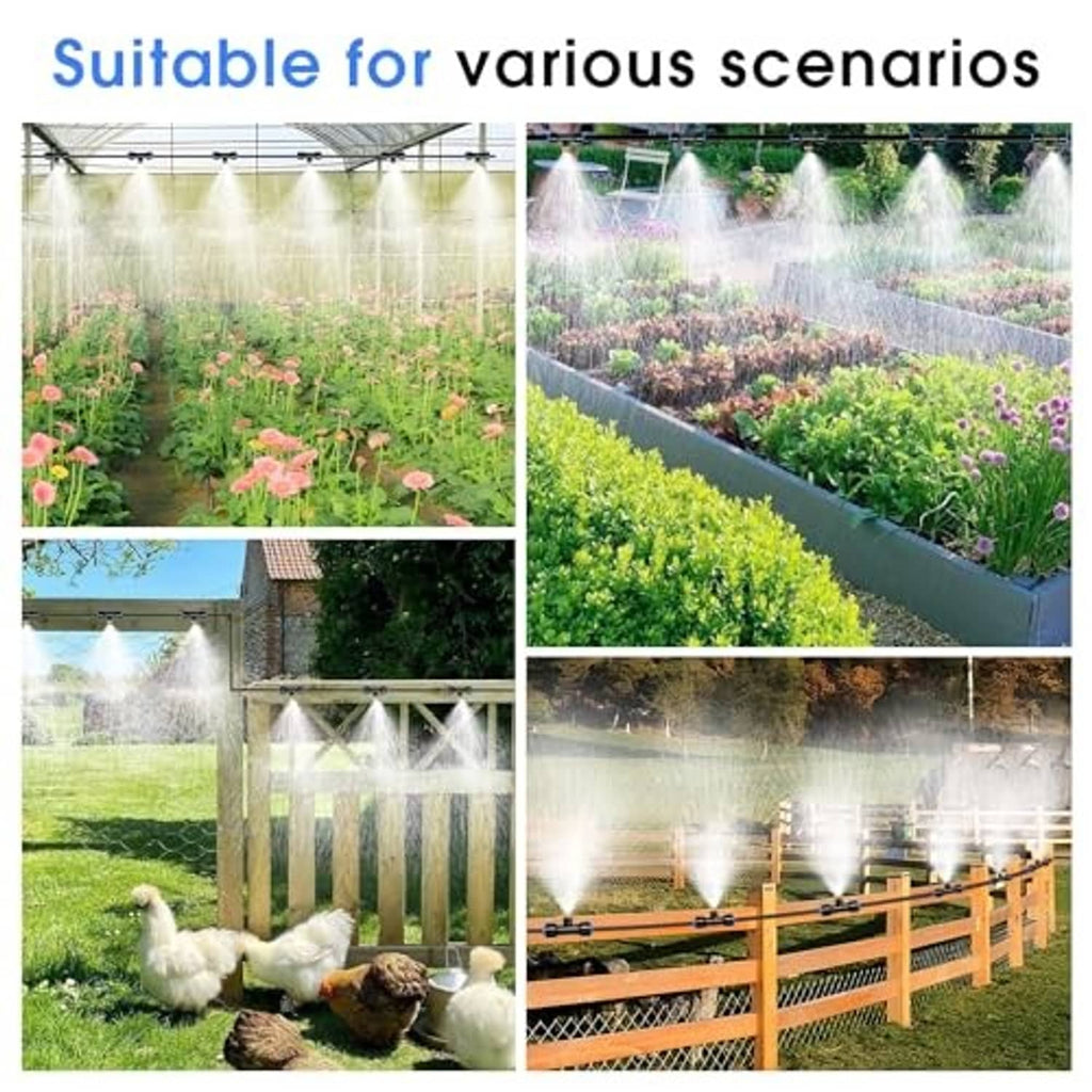 Overhead garden misting system with fine spray over plants, beds, and outdoor areas
