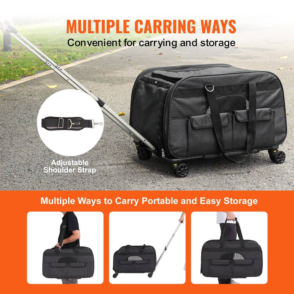Black rolling pet carrier with adjustable shoulder strap and front mesh window