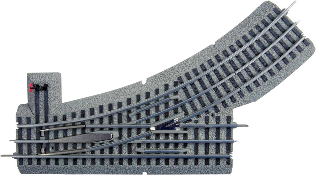 Fastrack manual left-hand track switch showing diverging rail lines and base