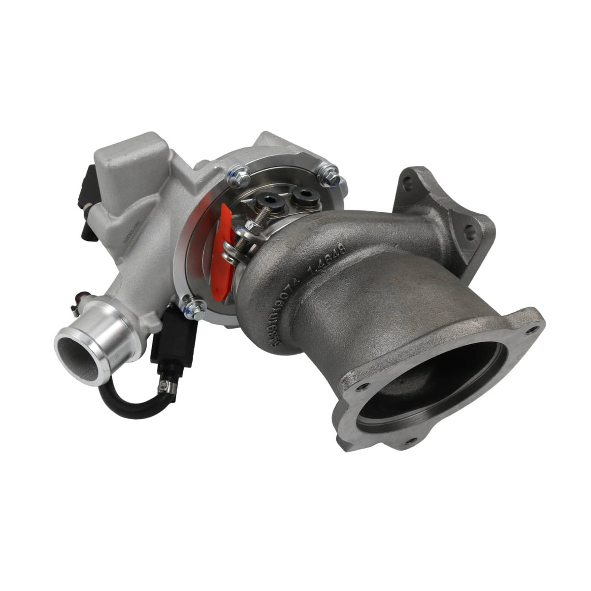 Turbocharger with round intake flange, black oil line, and silver compressor housing