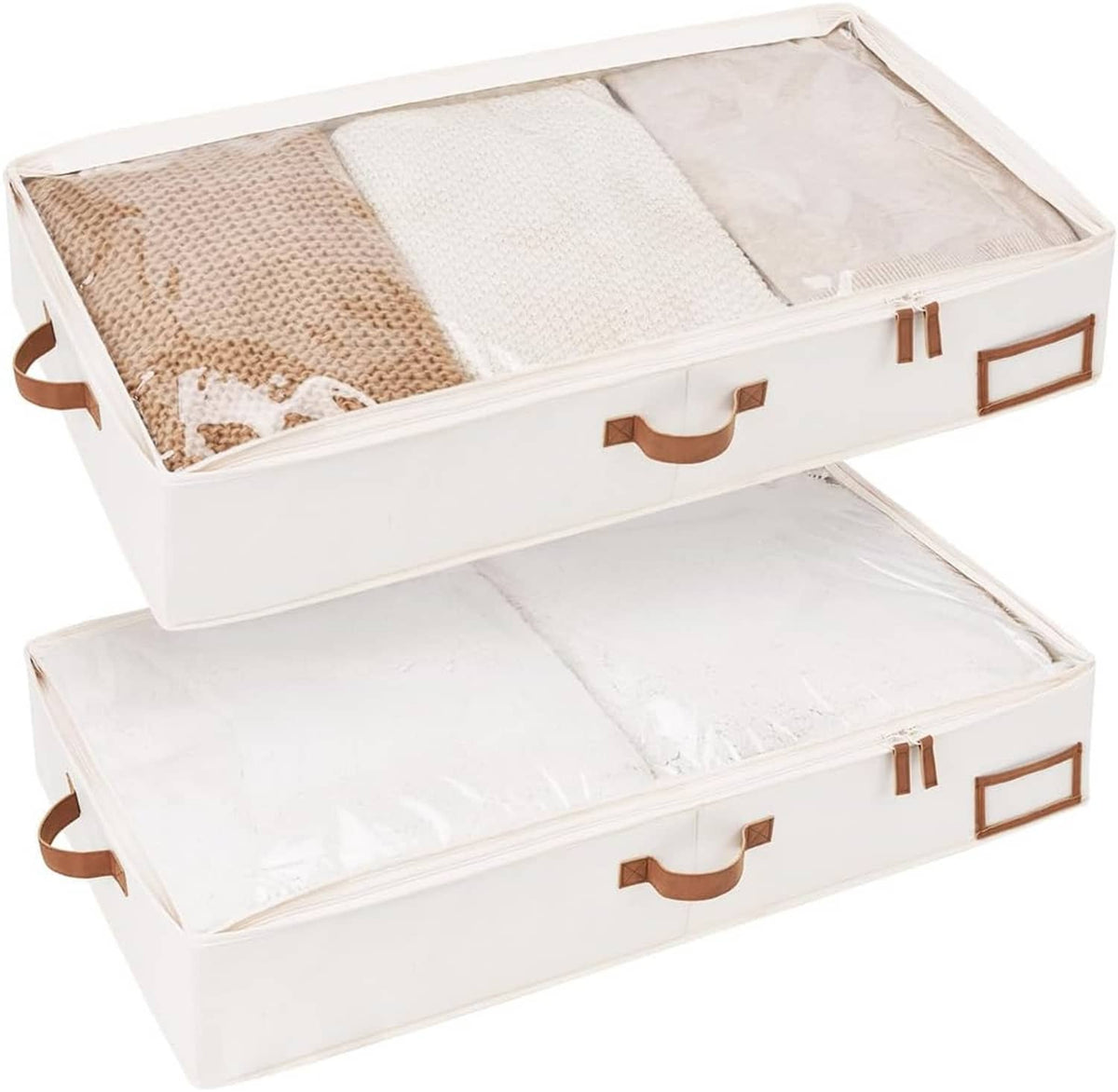 Two large under-bed storage containers with handles and label holder, white bins, open tops