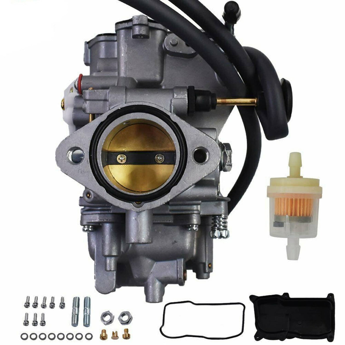 Throttle body carburetor with round intake, fuel filter, and gasket