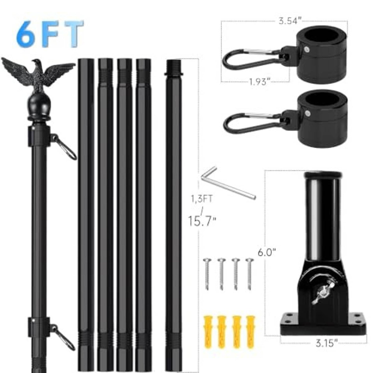 6 ft black flagpole kit with pole sections, mounting brackets, and installation hardware