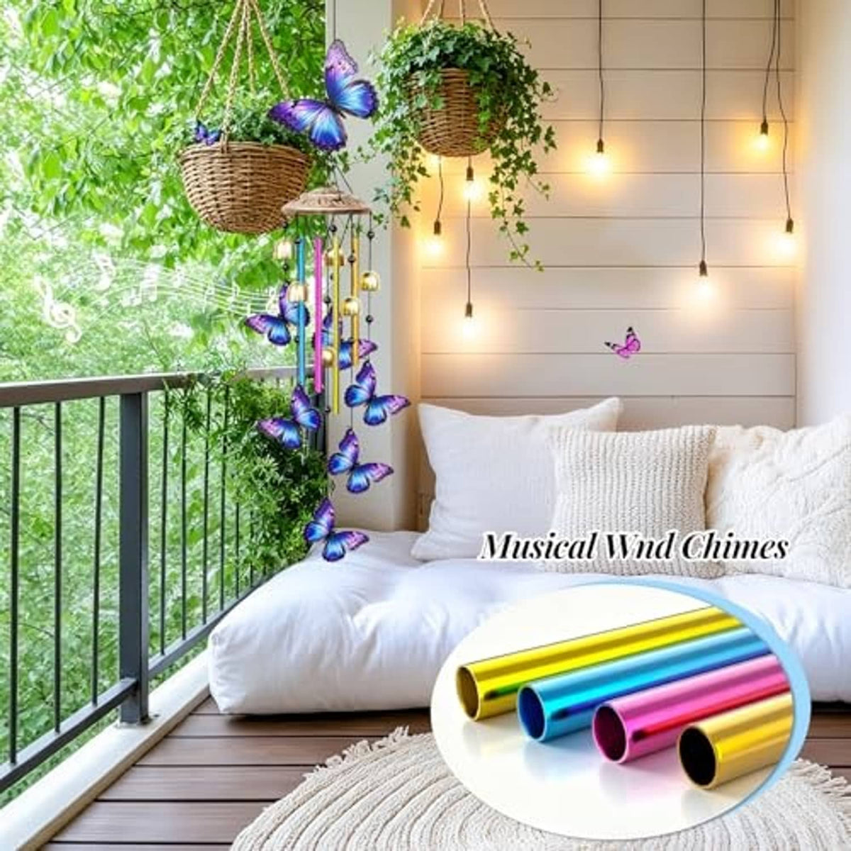 Butterfly wind chime with purple-blue butterflies, rainbow tubes, and gold bell clappers