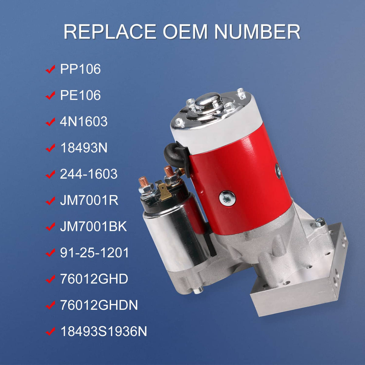 Red mini starter with silver housing and exposed wiring connections