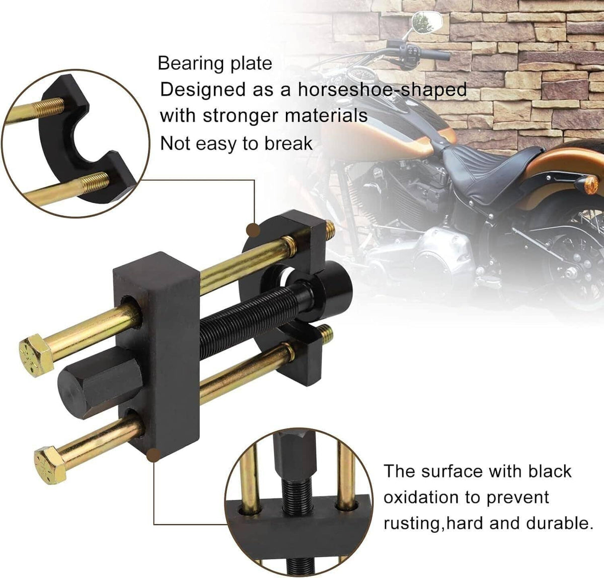 Horsehoe-shaped bearing race puller tool with black bracket and gold threaded shafts