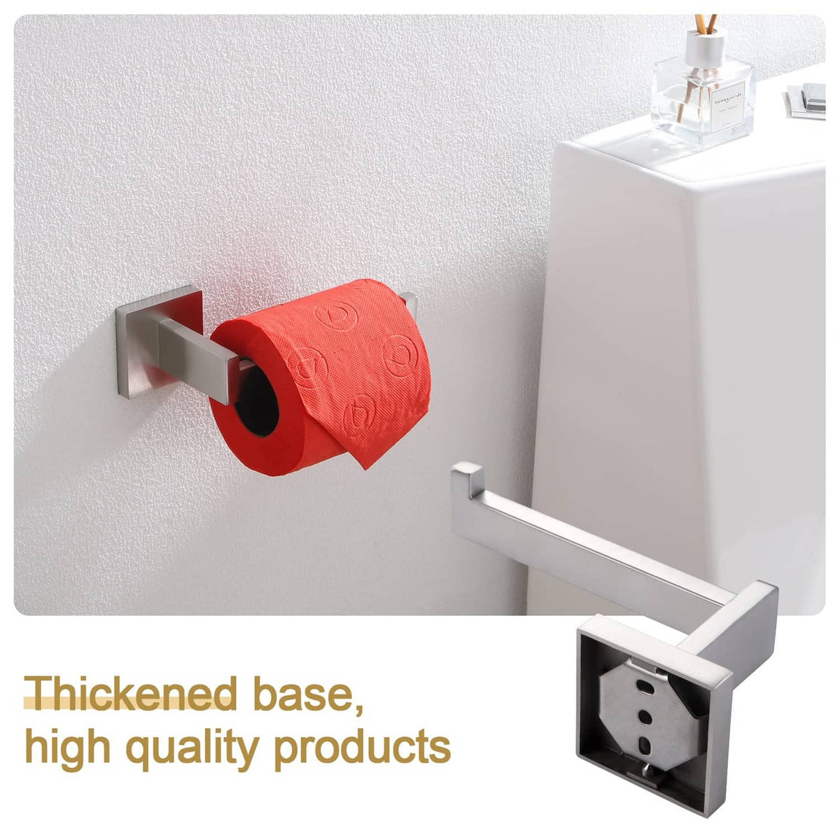 Brushed nickel toilet paper roll holder showing base and hidden mounting bracket
