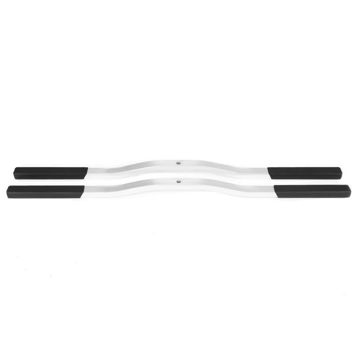 Straight-on view of ski tie-down bar set with black boots and silver metal