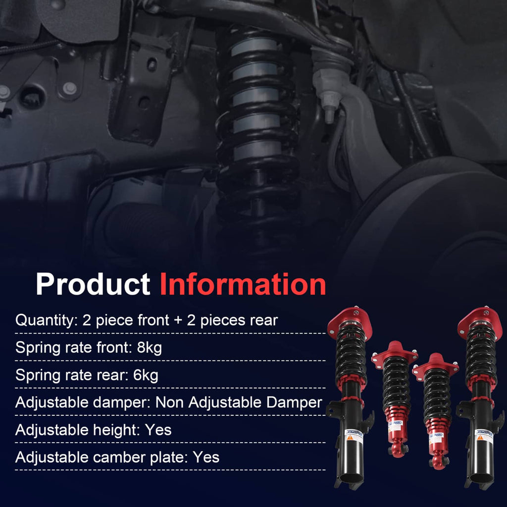Four-piece red coilover suspension set with black shocks, springs, and mounting brackets
