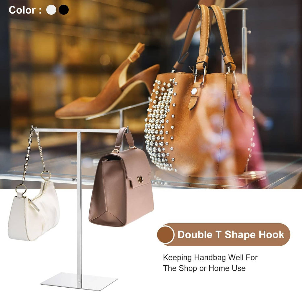 Double T-shaped metal purse display stand with upright pole and flat base, silver