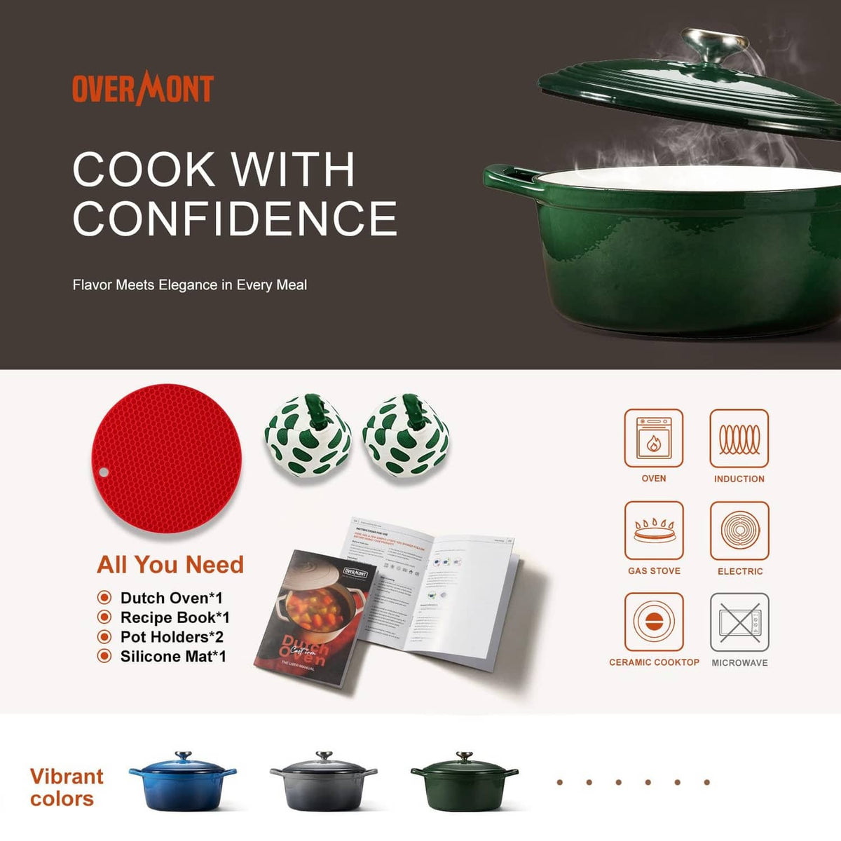 Green enameled cast iron Dutch oven with domed lid