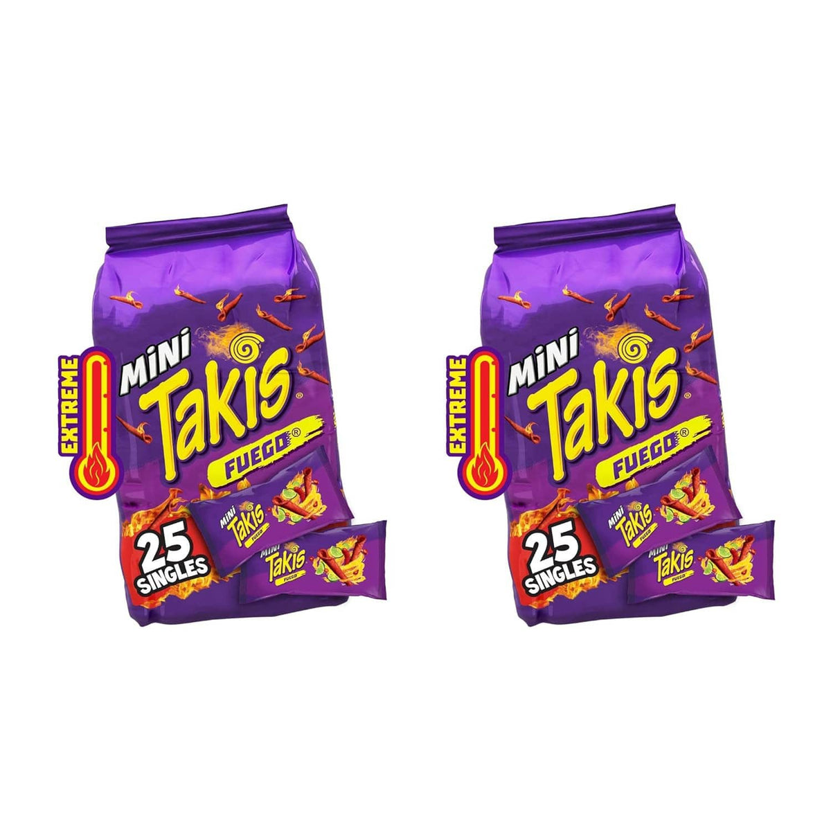 Two purple Takis Mini Fuego snack bags, each labeled 25 singles