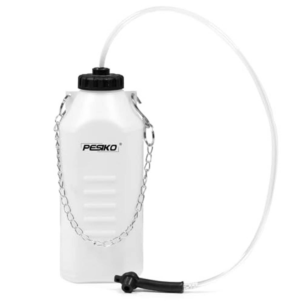 Brake bleeder bottle with hanging chain handles and clear suction tube