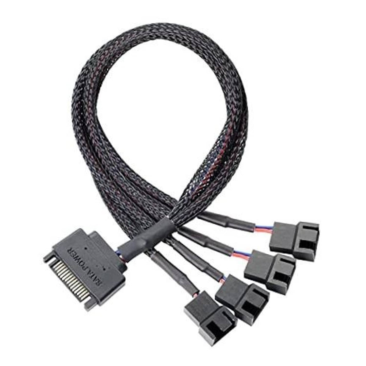 SATA to fan adapter cable, braided black, 15-pin SATA to four 4-pin fan connectors