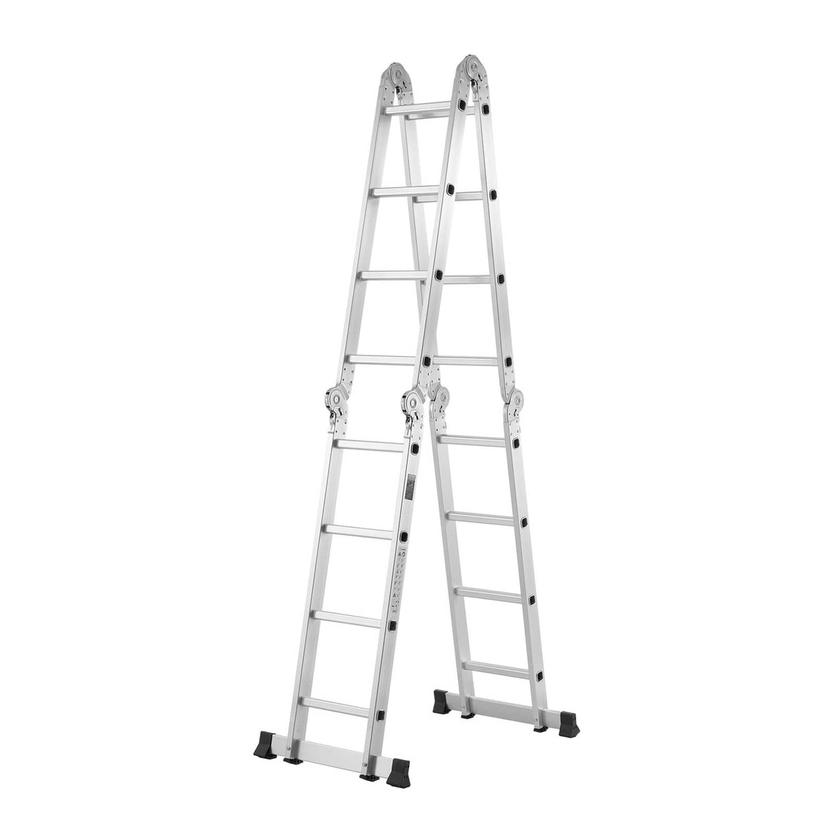 4-step folding ladder, light gray aluminum, front view with safety feet