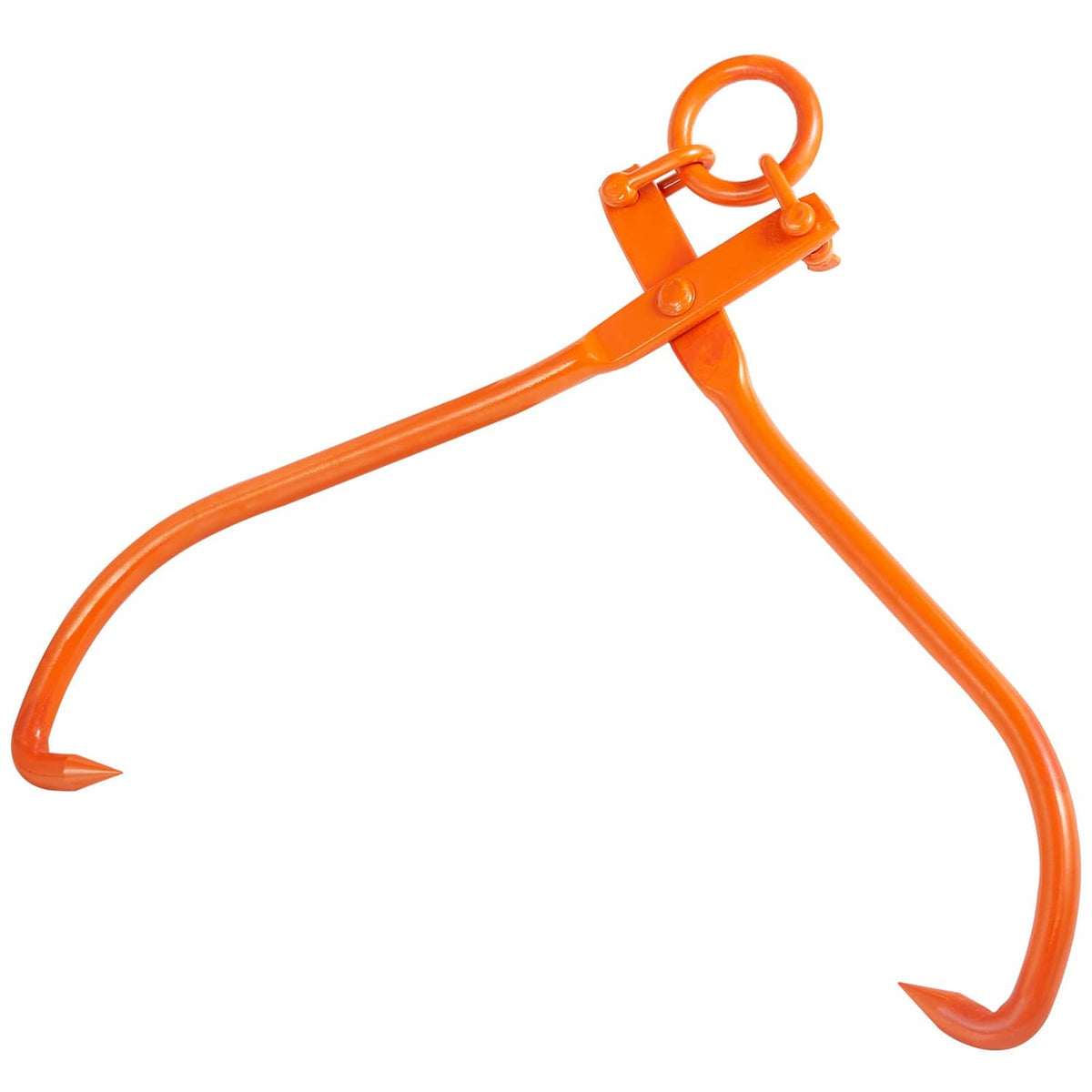 Orange close-up of 2-claw log tongs with lifting ring and curved hook tips