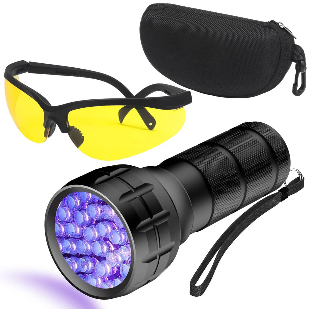 UV leak detector tool set with black flashlight, yellow UV glasses, and carrying case