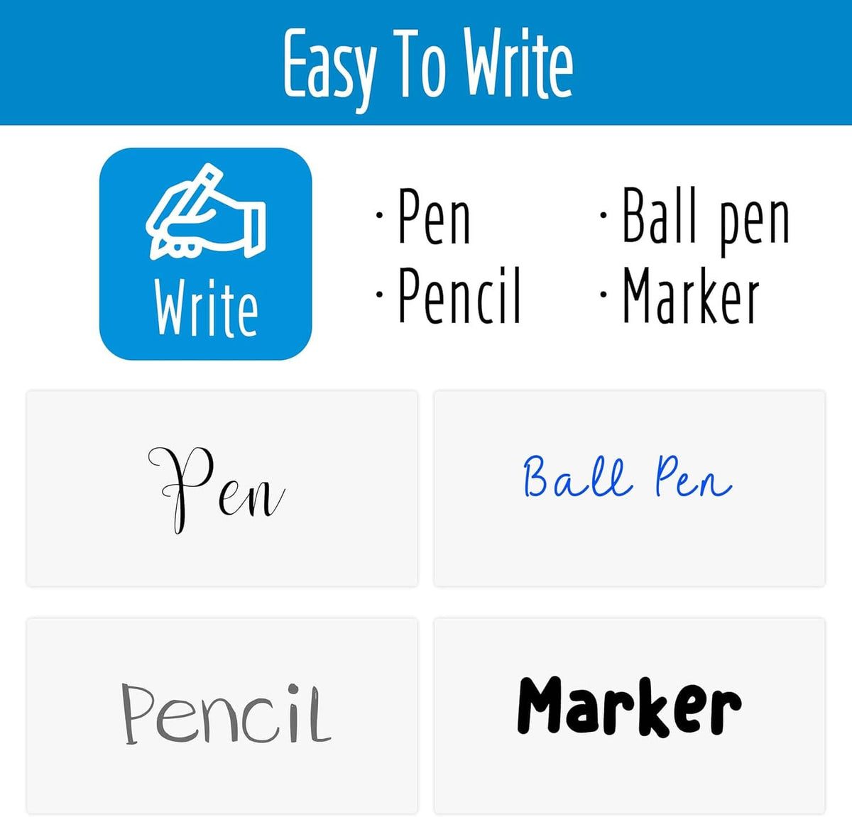 White write-on label stickers with pen and marker examples on label sheets