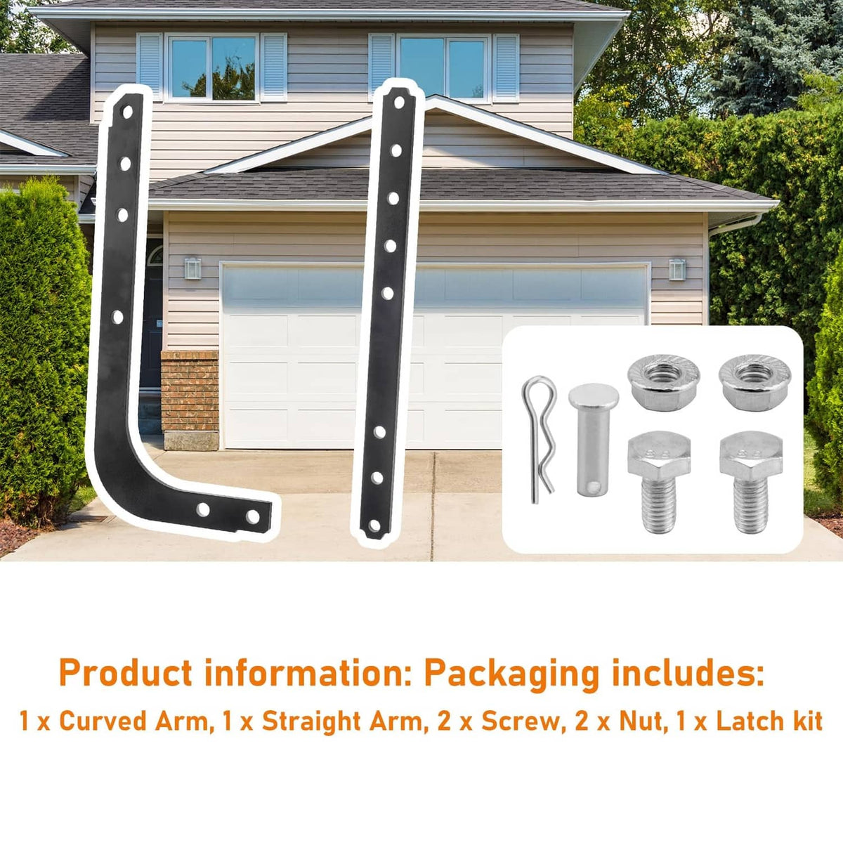 Black garage door opener arm brackets with mounting holes and included screw and nut set