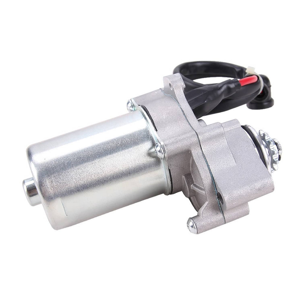 ATV starter motor with solenoid housing, black cable and red wire, silver cylinder