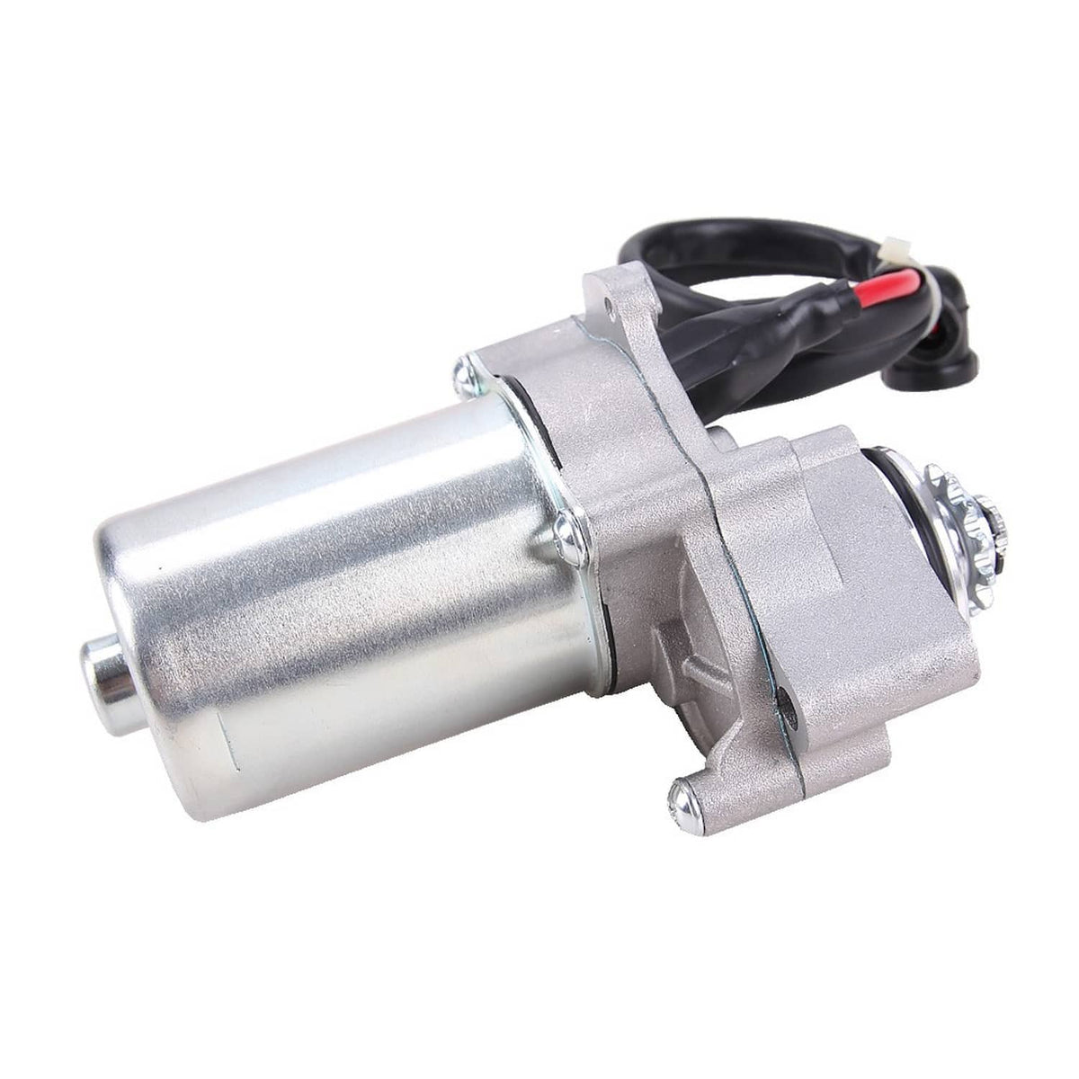 ATV starter motor with solenoid housing, black cable and red wire, silver cylinder