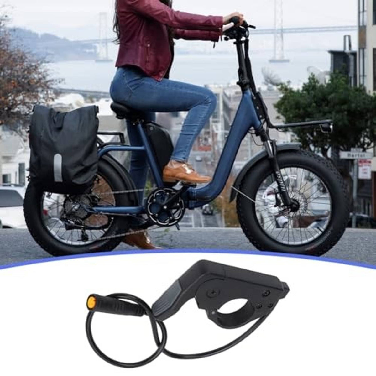 Electric bike thumb throttle quick-release unit with black cable and orange indicator